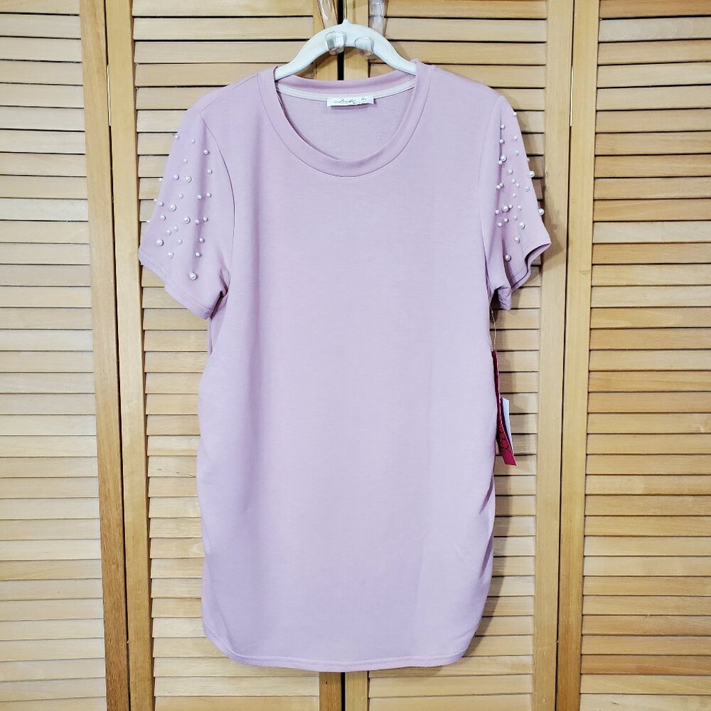Skonhet Pink Maternity Tunic Top With Short Faux Pearl Embellished Sleeves L